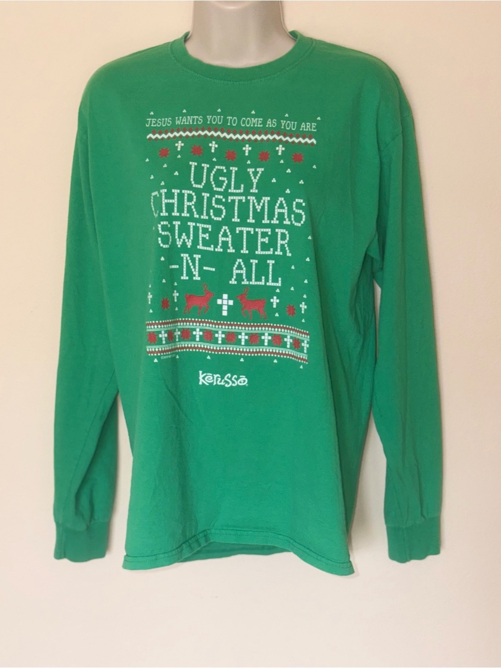 Green Jesus Loves You 'Ugly Christmas Sweater’Long Sleeve Tee size Medium